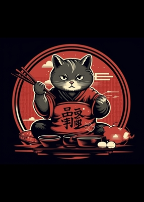 Gatto che mangia ramen con chopstic