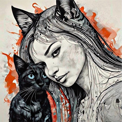 Woman with black cat