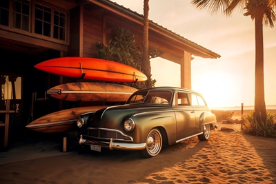 Uitstekende auto zonsondergang strand