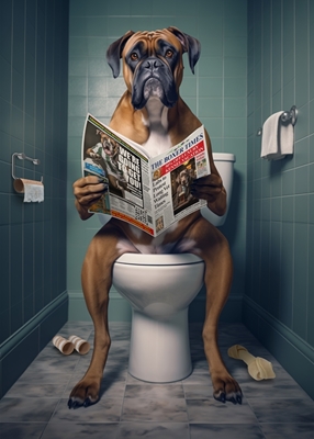 Boxerhund auf der Toilette