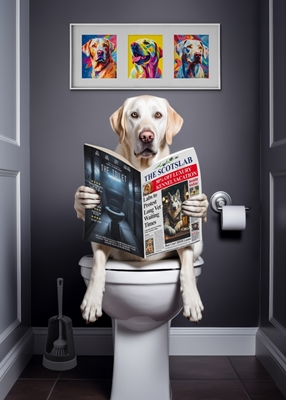 Weißer Labrador auf der Toilette