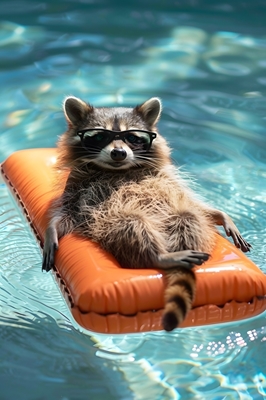 Guaxinim relaxado na piscina