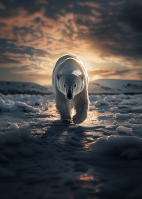 Isbjørn i snødekt landskap 