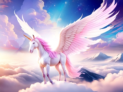 Winged unicorn on clouds