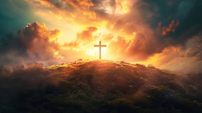 Het kruis van Jezus bij zonsondergang