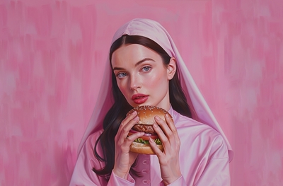 Vacker nunna håller en burger 