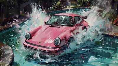 Pink Porsche 911 Turbo in pool