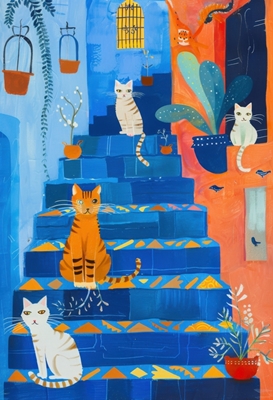 Gatos en las escaleras azules 