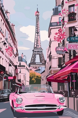Pink Car in Paris Eiffel Tower