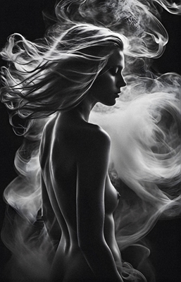 Mujer desnuda rodeada de humo