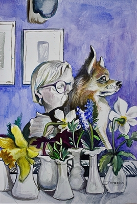 Nainen, koira ja kukkia