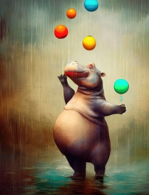 Hippopotame heureux sous la pluie