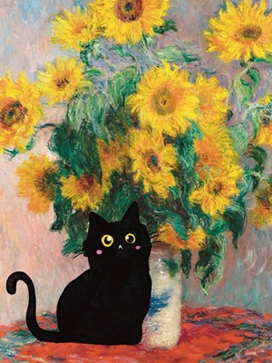 Zwarte Kat met Zonnebloemen