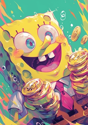 Spongebob holding gold bitcoin