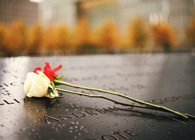 Rosas en la piscina conmemorativa del 11 de septiembre en Nueva York