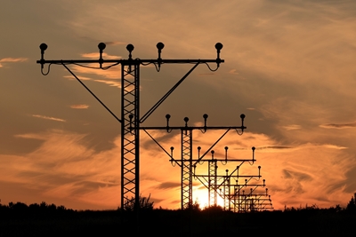 Landing lights against sunset