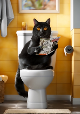 Chat noir sur les toilettes