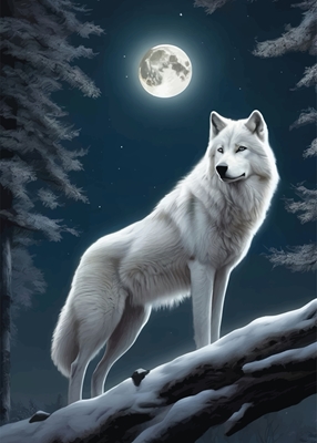 Weißer Wolf mit dem Mond