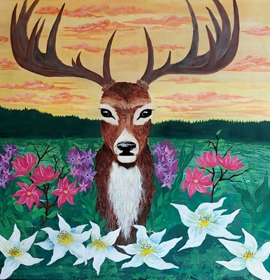 Le lever du soleil fleuri des cerfs