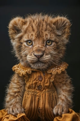 Cute lion cub in vintage dress