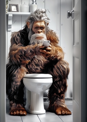 Bigfoot met behulp van telefoon op toilet