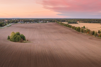 Rolig landskap ved solnedgang