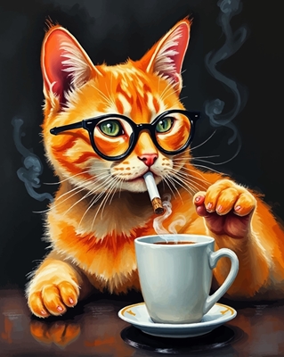 Chat orange et café