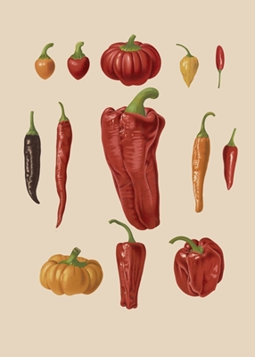 En rekke fargerike paprika