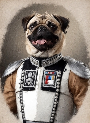 Pug con traje de comandante galáctico