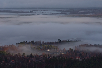 Morning mist over the village.