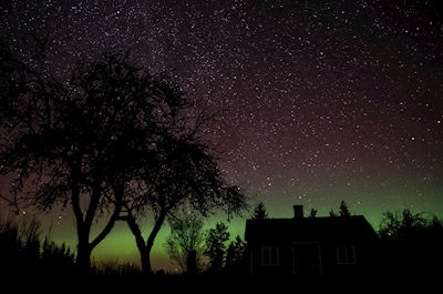 Aurora boreal, estrelas sobre casa de campo