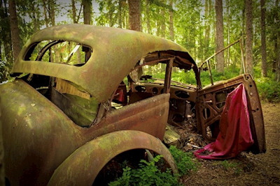 Épave de voiture abandonnée dans les bois.