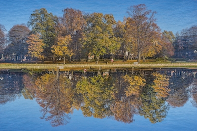 Dubblerad stadspark i höstfärg