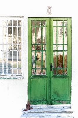 Zelené skleněné dveře, akvarel