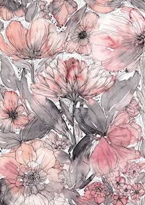 Rosa und graue Aquarellblumen