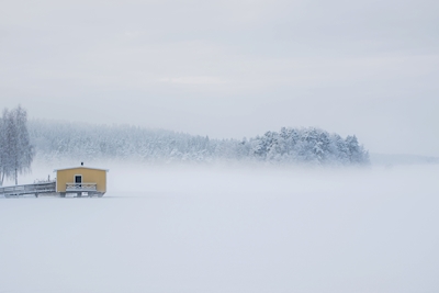 Zimowa mgła i żółty dom
