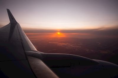 Flygning i solnedgången