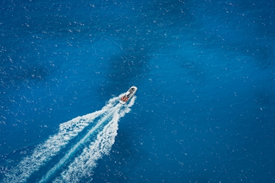 boat speeds into blue ocean