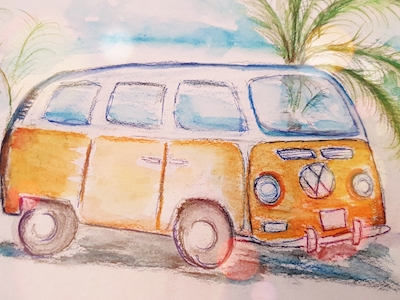 Ônibus VW sob palmeiras