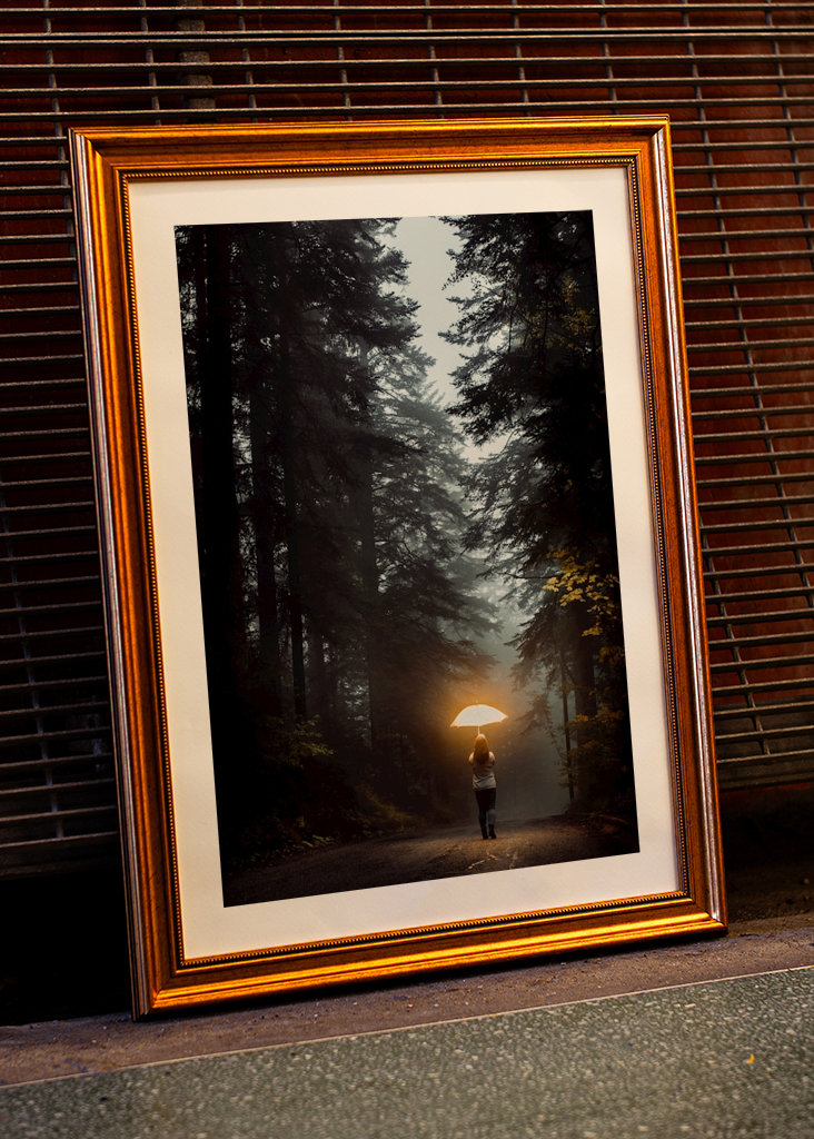 Girl with umbrella in forest