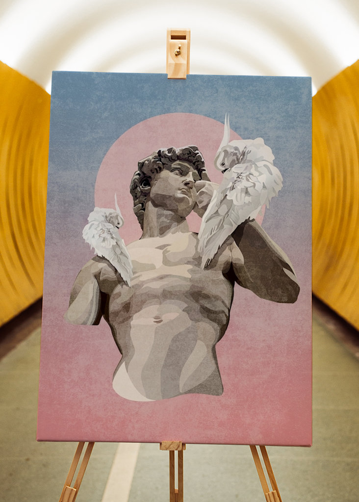 Statue af David med papegøjer