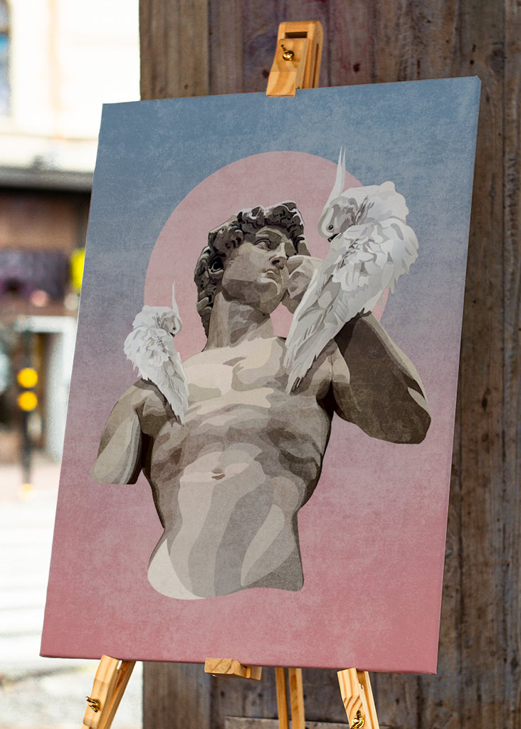 Statue af David med papegøjer