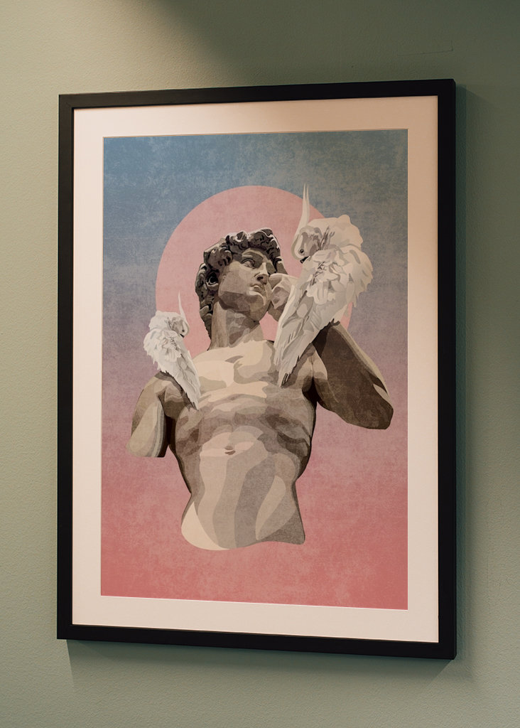 Statue af David med papegøjer