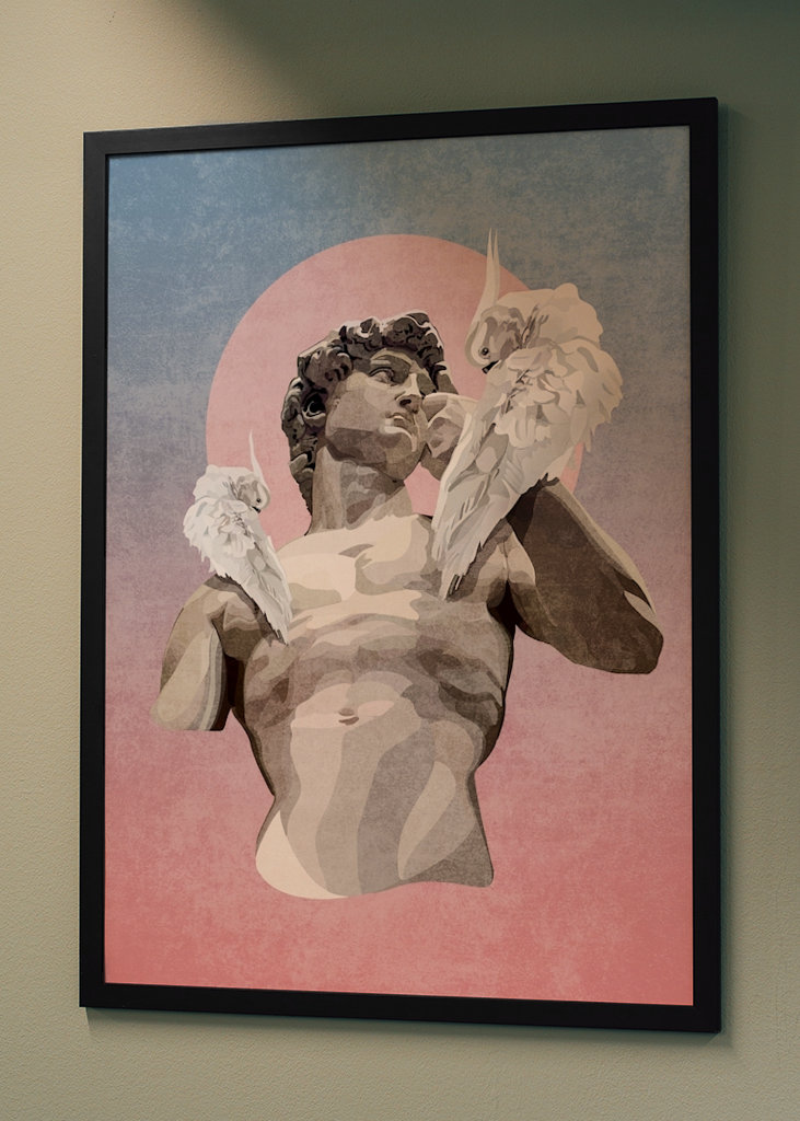 Statue af David med papegøjer