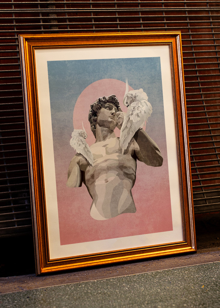 Statue af David med papegøjer