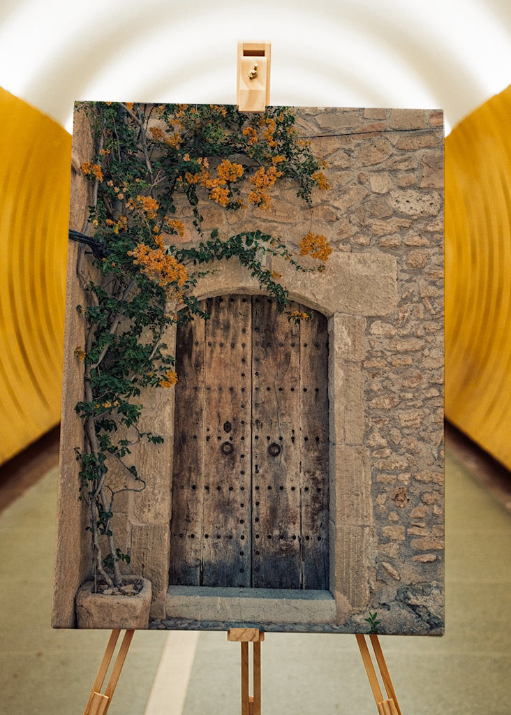 Puerta de madera antigua en pared de piedra