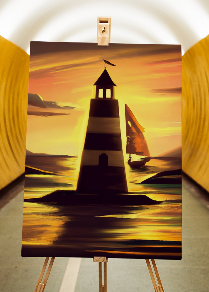 Leuchtturm und Segelboot bei Sonnenuntergang