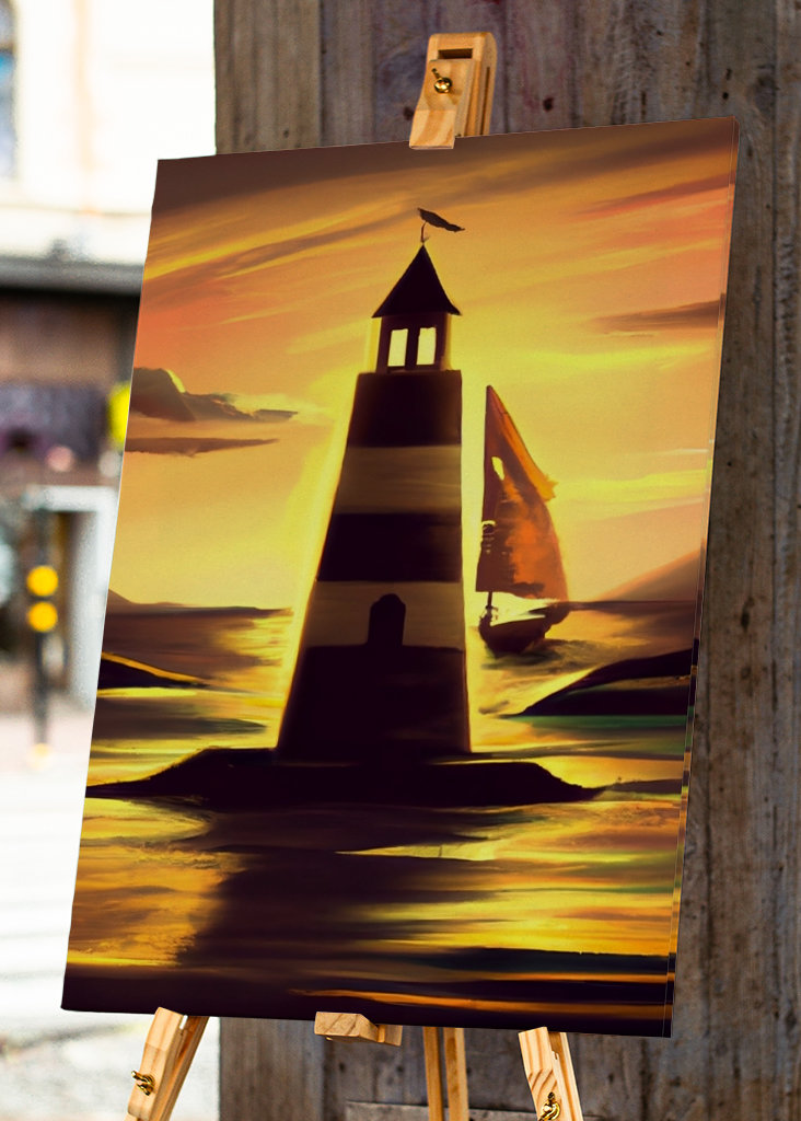 Leuchtturm und Segelboot bei Sonnenuntergang