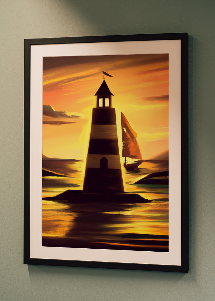 Leuchtturm und Segelboot bei Sonnenuntergang