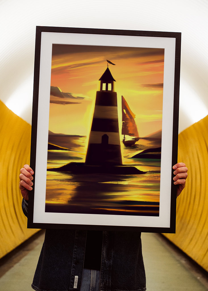 Leuchtturm und Segelboot bei Sonnenuntergang